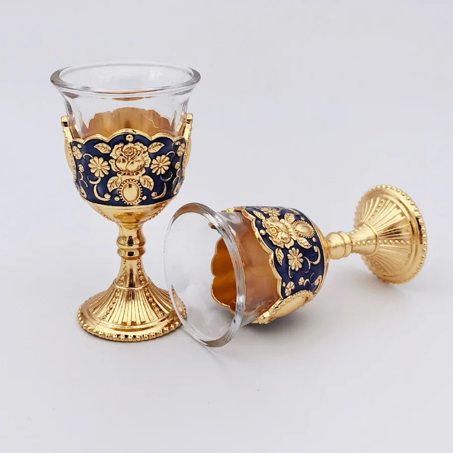 Vintage Wine Goblet Set of 2 - Palace Style Metal Embossed Toasting Glasses