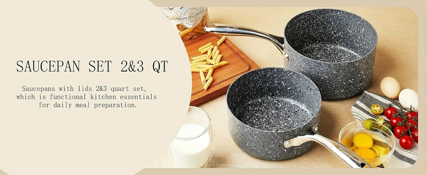 HLAFRG Nonstick Sauce Pan Set - 2Qt & 3Qt Natural Granite Pots with Lids