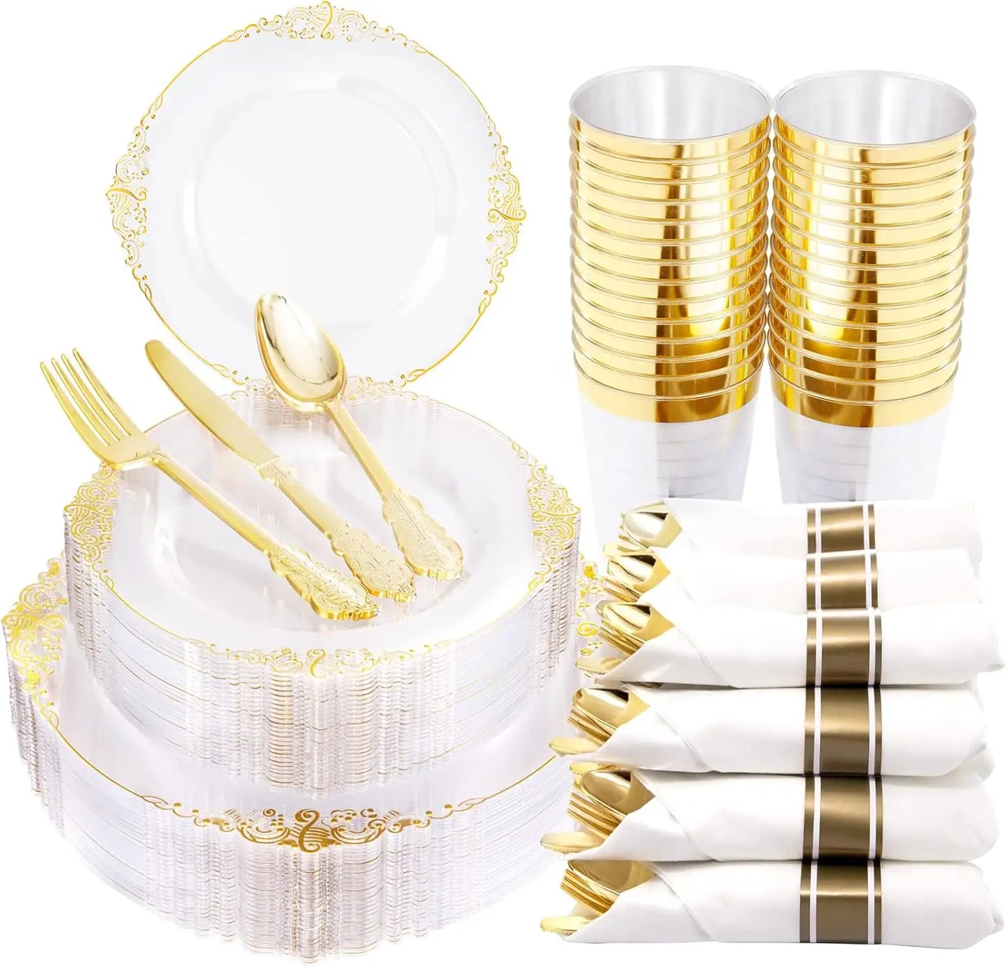 350pcs Plastic Plates - Gold Plastic Dinnerware Set Includes: 50 10.25”Dinner Plates,50 7.5” Dessert Plate, 50 Cups, 50 Napkin