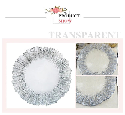 Flower Shaped Gold Silver Decal Rim, Transparent Glass Charger Plate, Wedding Party Decoration, Tableware Tray, Show Plate