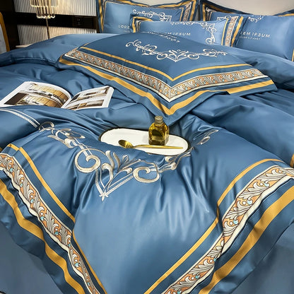 European Style Gold Edge Embroidered Bedding Set Luxury White Satin Cotton Duvet Cover Bed Sheets Pillowcases King Queen Size