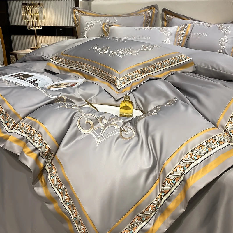 European Style Gold Edge Embroidered Bedding Set Luxury White Satin Cotton Duvet Cover Bed Sheets Pillowcases King Queen Size