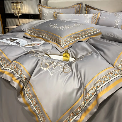 European Style Gold Edge Embroidered Bedding Set Luxury White Satin Cotton Duvet Cover Bed Sheets Pillowcases King Queen Size