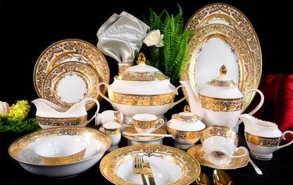 Bone China Platinum Dinner Set - Gold Rim Porcelain Soup Plates & Bowls