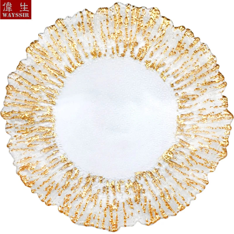 Flower Shaped Gold Silver Decal Rim, Transparent Glass Charger Plate, Wedding Party Decoration, Tableware Tray, Show Plate