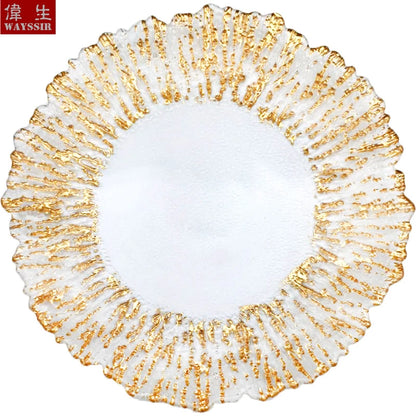 Flower Shaped Gold Silver Decal Rim, Transparent Glass Charger Plate, Wedding Party Decoration, Tableware Tray, Show Plate