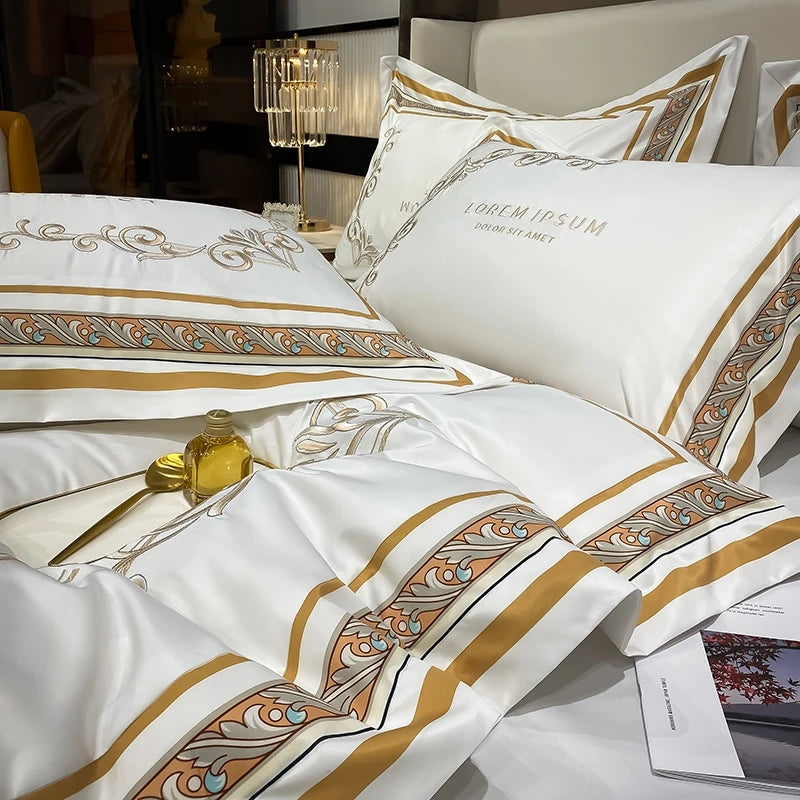 European Style Gold Edge Embroidered Bedding Set Luxury White Satin Cotton Duvet Cover Bed Sheets Pillowcases King Queen Size