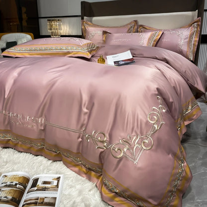 European Style Gold Edge Embroidered Bedding Set Luxury White Satin Cotton Duvet Cover Bed Sheets Pillowcases King Queen Size