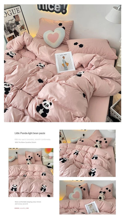 Bedding Set 2024 New Ins Style  Minimalist Blue Washing Cotton black bow towel Embroidered Four PIECE Set, 1.5 Bed Sheets