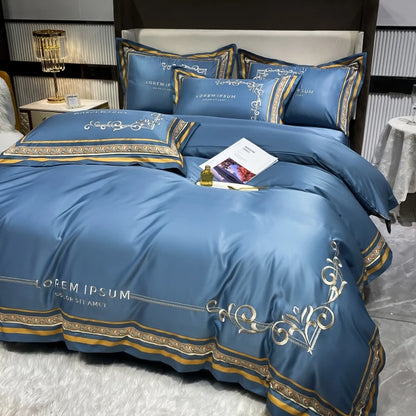 European Style Gold Edge Embroidered Bedding Set Luxury White Satin Cotton Duvet Cover Bed Sheets Pillowcases King Queen Size