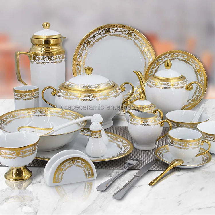 Hot Selling Gold Plated 20Pcs Indian Style Dinner Set Fine Porcelain Plate Sets Dinnerware Ceramic Dinner Gold