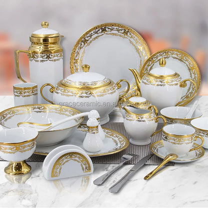 Hot Selling Gold Plated 20Pcs Indian Style Dinner Set Fine Porcelain Plate Sets Dinnerware Ceramic Dinner Gold