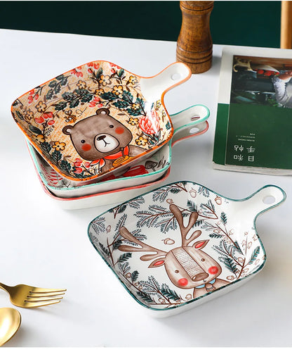 Forest Animals Ceramic Bakeware with Handle - Underglaze Baking Pan & Salad Bowl
