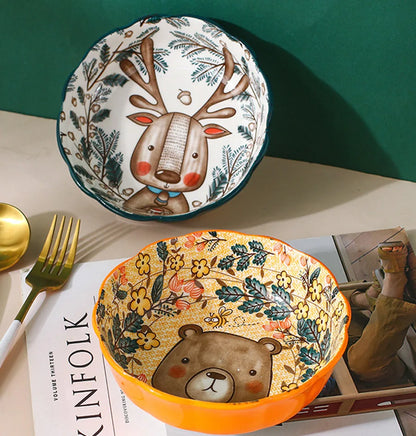 Forest Animals Ceramic Bakeware with Handle - Underglaze Baking Pan & Salad Bowl