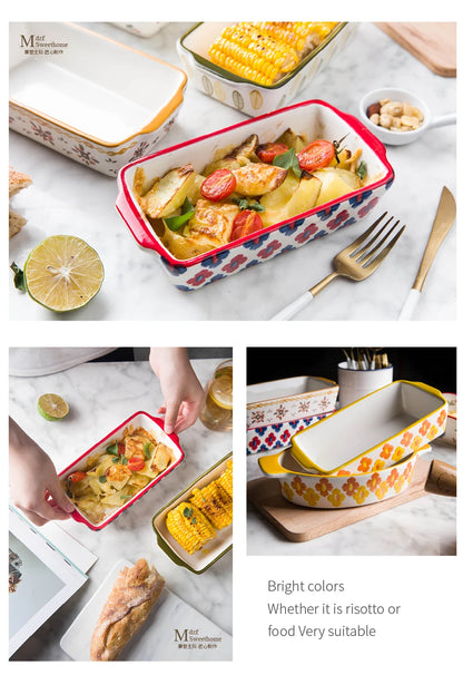 Ceramic Baking Dish Roasting Lasagna Pan  Rectangular Dish Bakeware Pan With Handle Oven Kitchen Baking Tool