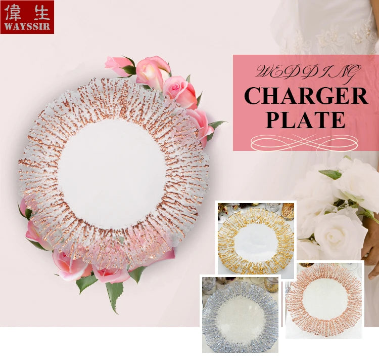 Flower Shaped Gold Silver Decal Rim, Transparent Glass Charger Plate, Wedding Party Decoration, Tableware Tray, Show Plate
