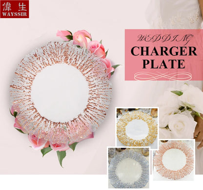 Flower Shaped Gold Silver Decal Rim, Transparent Glass Charger Plate, Wedding Party Decoration, Tableware Tray, Show Plate