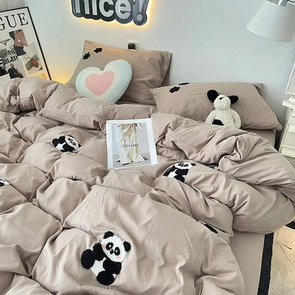 Bedding Set 2024 New Ins Style  Minimalist Blue Washing Cotton black bow towel Embroidered Four PIECE Set, 1.5 Bed Sheets