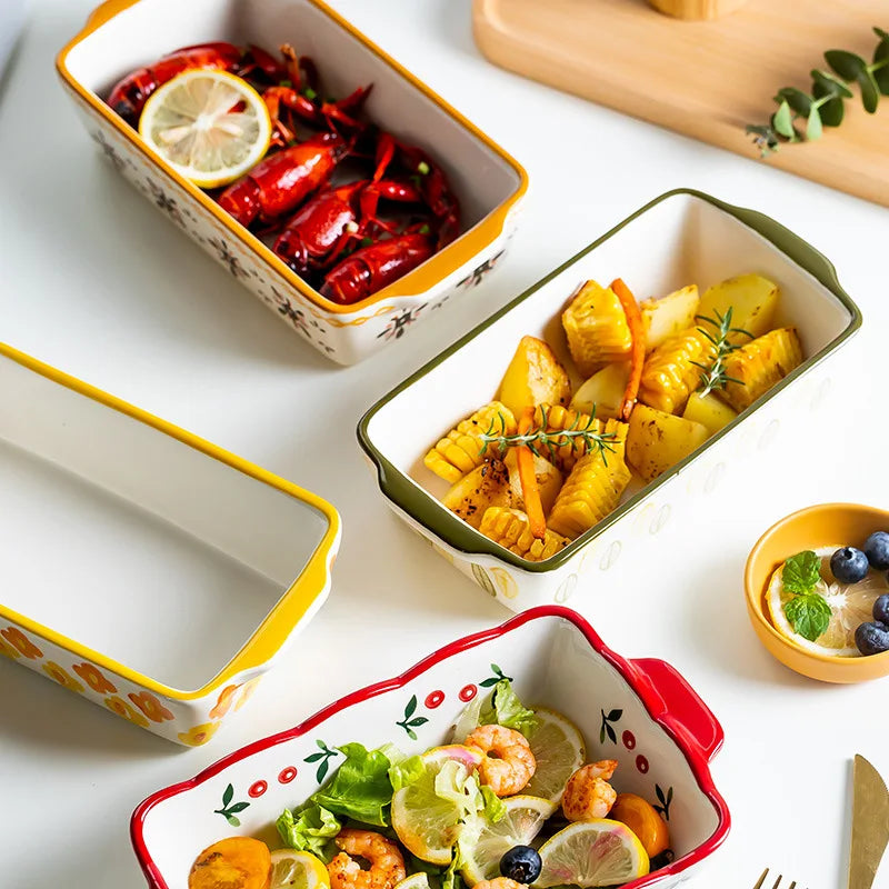 Flowers Ceramic Baking Dish with Handle - Oval Roasting Pan for Lasagna