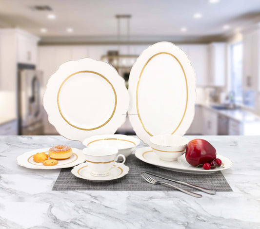 38 Pcs Royal White and Gold Line Ceramic Bone China Turkish Fine Porcelain Dinner Set Dinnerware Sets Luxury