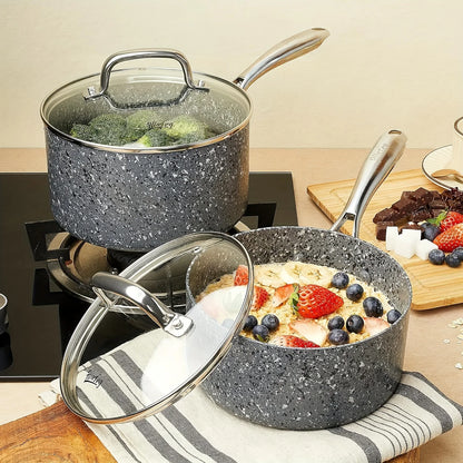 HLAFRG Nonstick Sauce Pan Set - 2Qt & 3Qt Natural Granite Pots with Lids