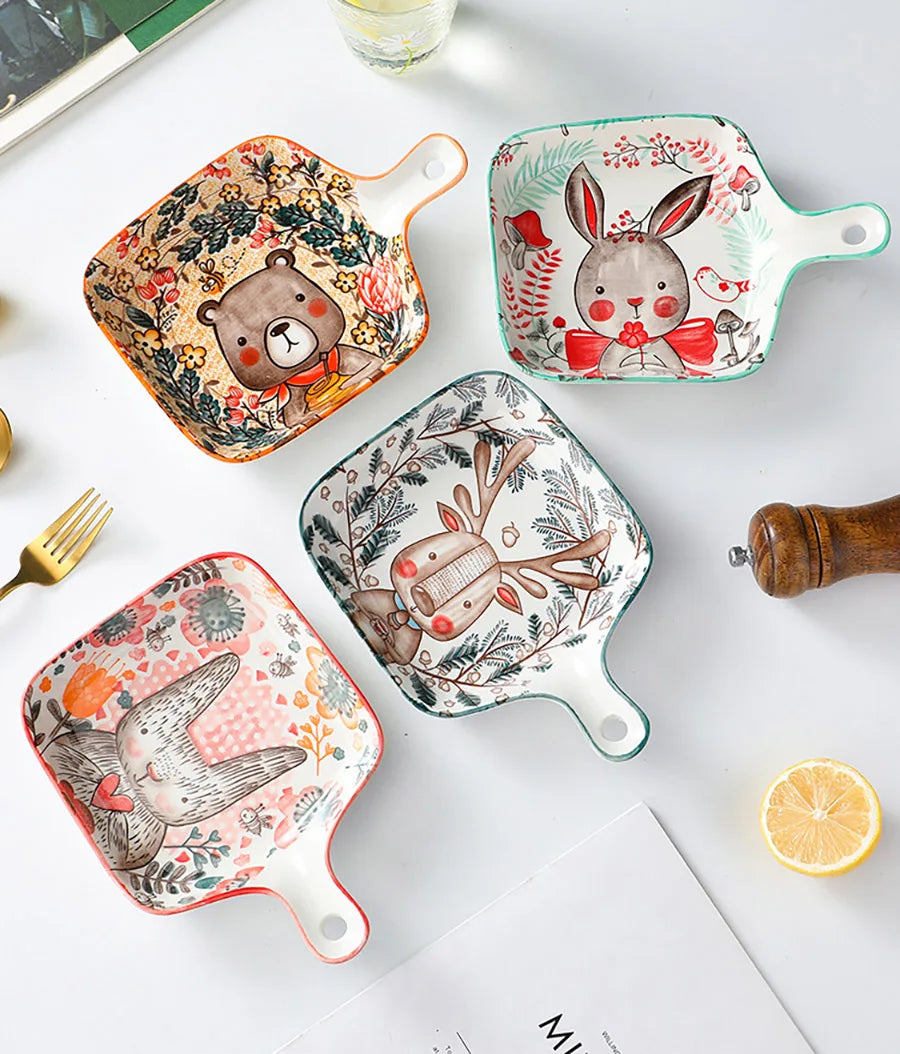 Forest Animals Ceramic Bakeware with Handle - Underglaze Baking Pan & Salad Bowl