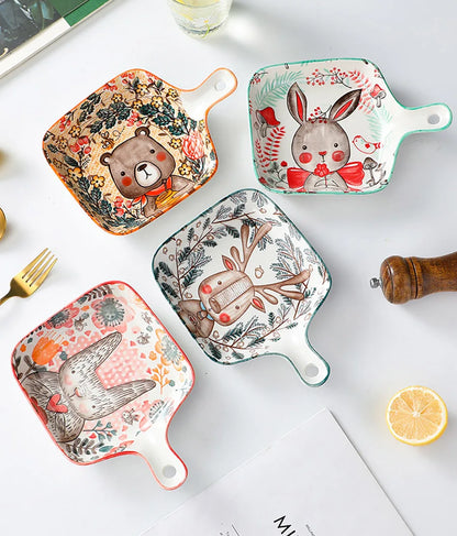 Forest Animals Ceramic Bakeware with Handle - Underglaze Baking Pan & Salad Bowl