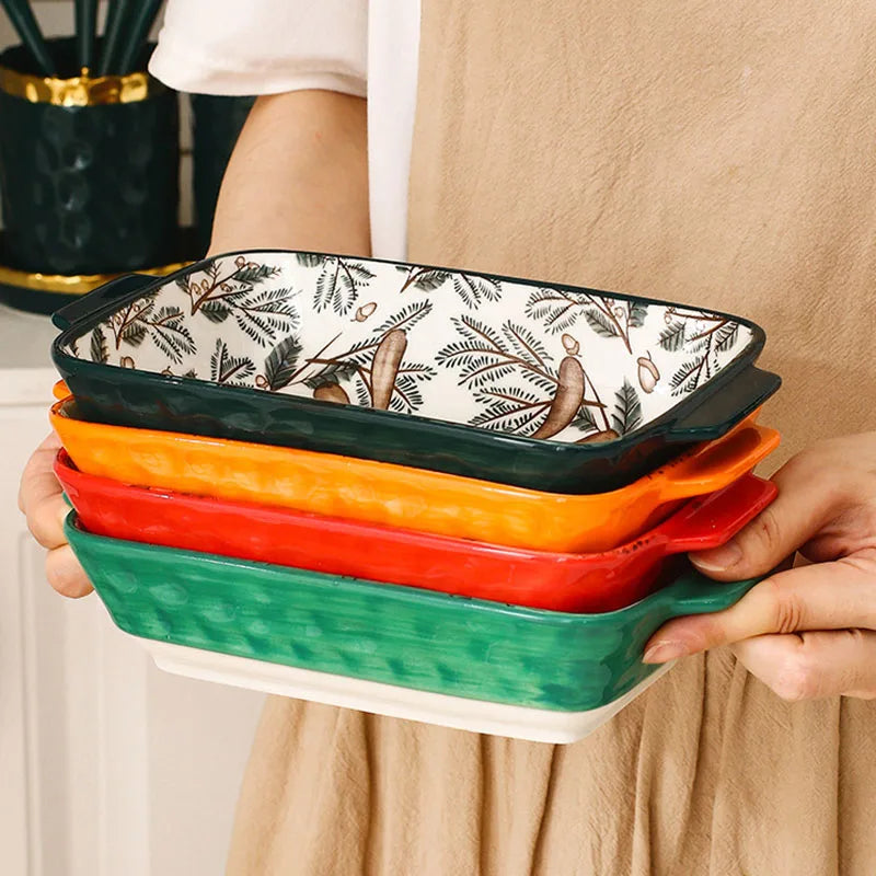 YWDL Ceramic Baking Dish Roasting Lasagna Pan Rectangular Dish Bakeware Pan With Handle Oven Kitchen Baking Tool baking tray