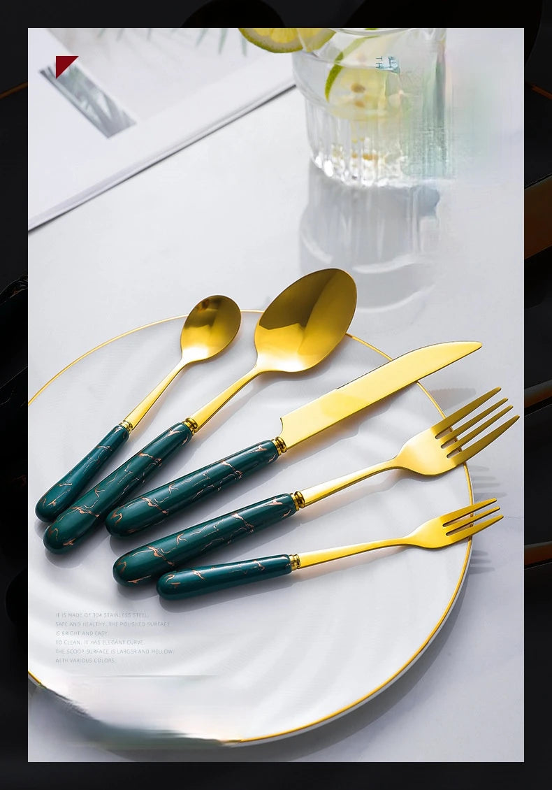 30pcs Cutlery Sets Gold Fork Spoon Knife Set Ceramic Tableware 304 Stainless Steel Dinner Set Cutlery Spoons Sets DropShipping