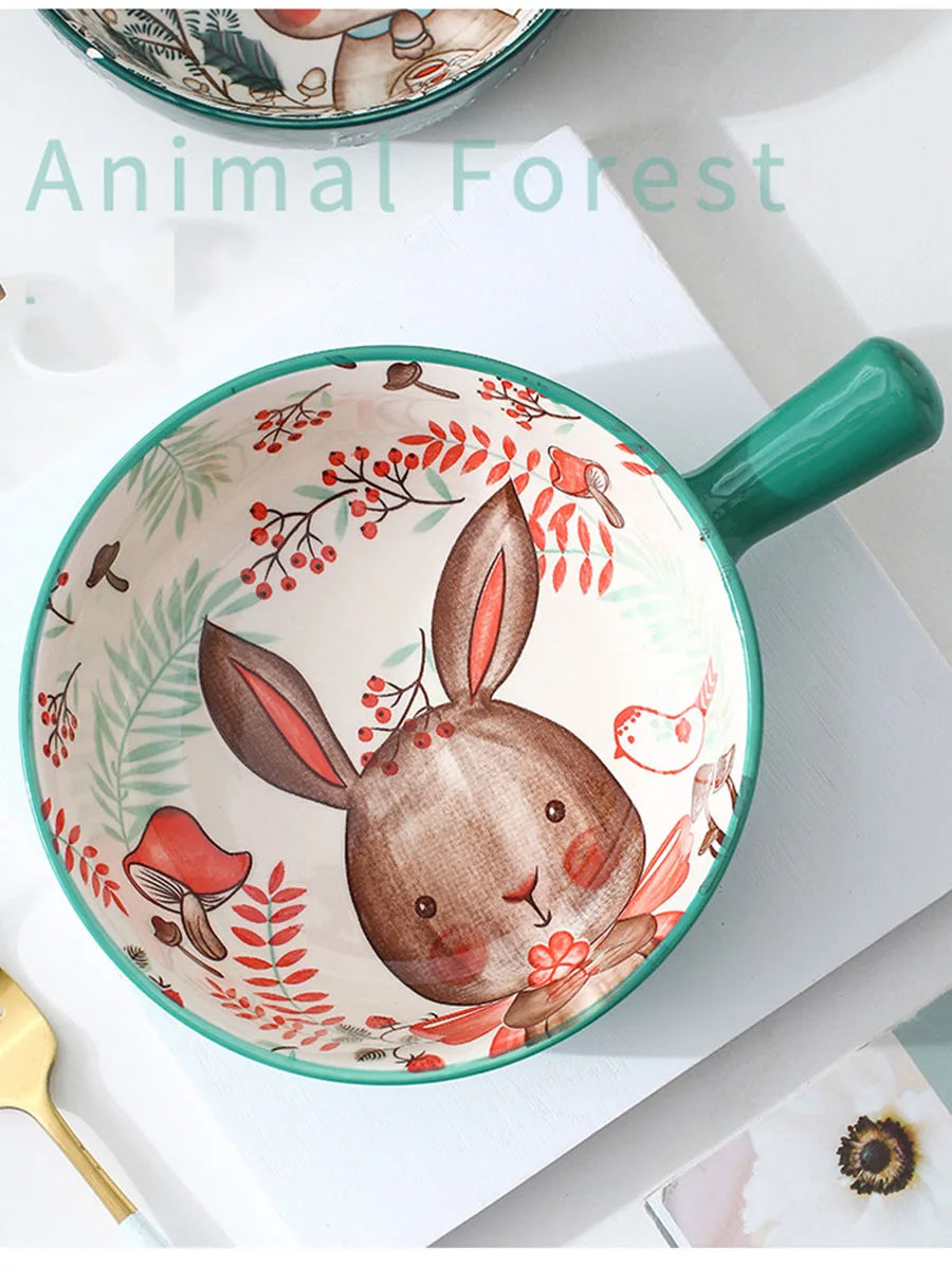 YWDL 500ml Ceramic Bakeware - Forest Animals Baking Pan with Handle