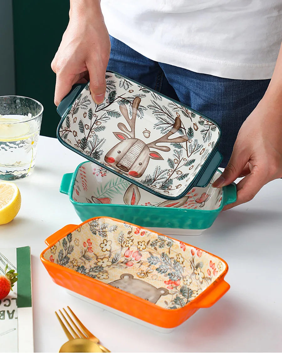 Forest Animals Ceramic Bakeware with Handle - Underglaze Baking Pan & Salad Bowl