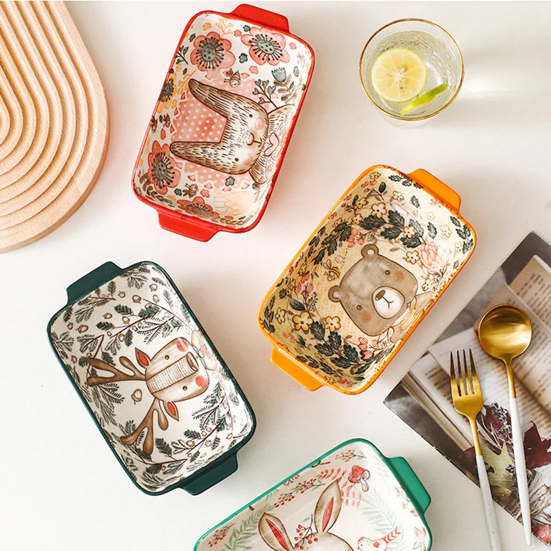 YWDL Ceramic Baking Dish Roasting Lasagna Pan Rectangular Dish Bakeware Pan With Handle Oven Kitchen Baking Tool baking tray