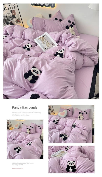 Bedding Set 2024 New Ins Style  Minimalist Blue Washing Cotton black bow towel Embroidered Four PIECE Set, 1.5 Bed Sheets