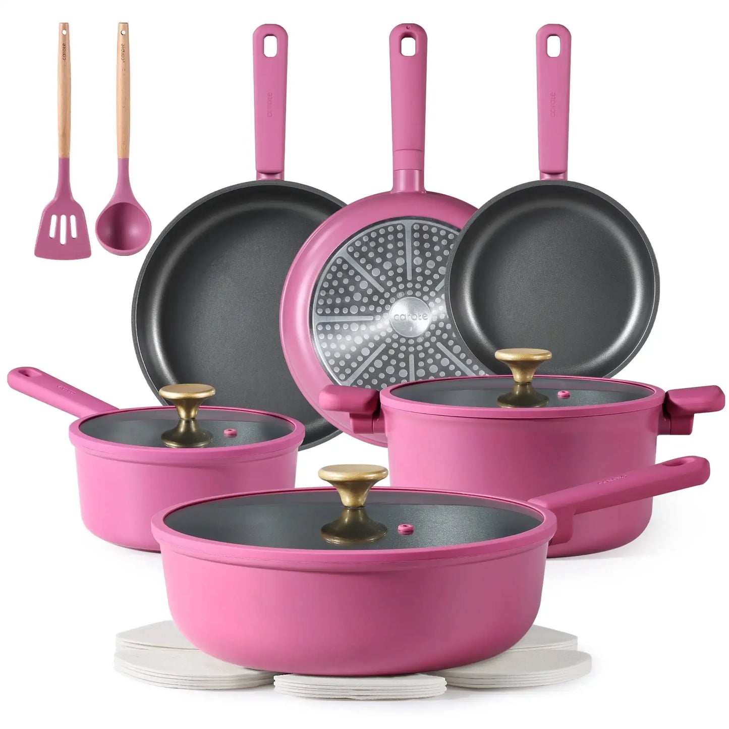 16-Piece Rose Pink Cookware Set - Non-Stick Pots and Pans for Induction