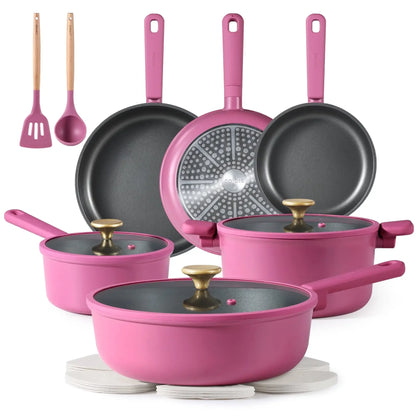 16-Piece Rose Pink Cookware Set - Non-Stick Pots and Pans for Induction