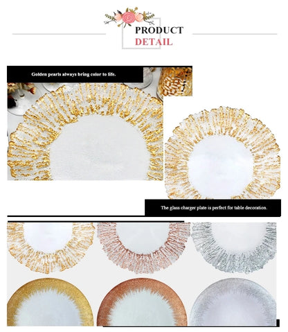 Flower Shaped Gold Silver Decal Rim, Transparent Glass Charger Plate, Wedding Party Decoration, Tableware Tray, Show Plate