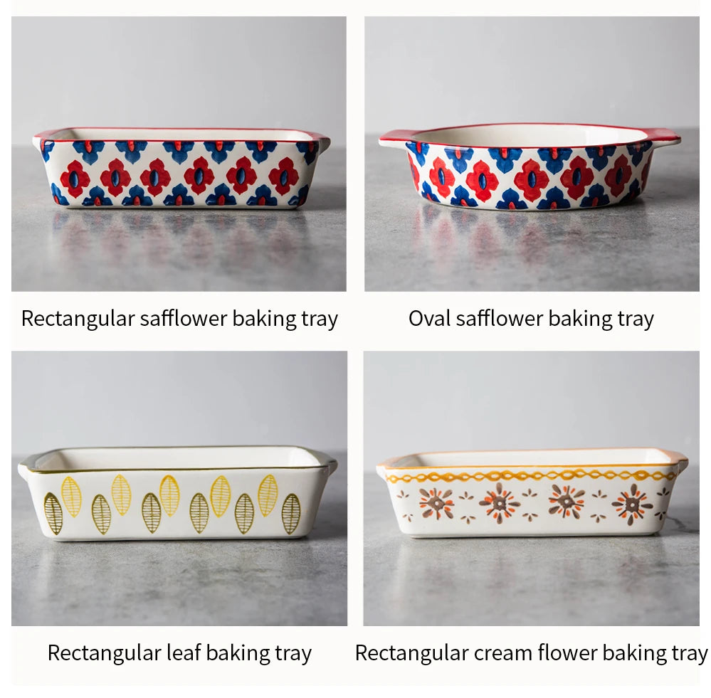 Flowers Ceramic Baking Dish with Handle - Oval Roasting Pan for Lasagna