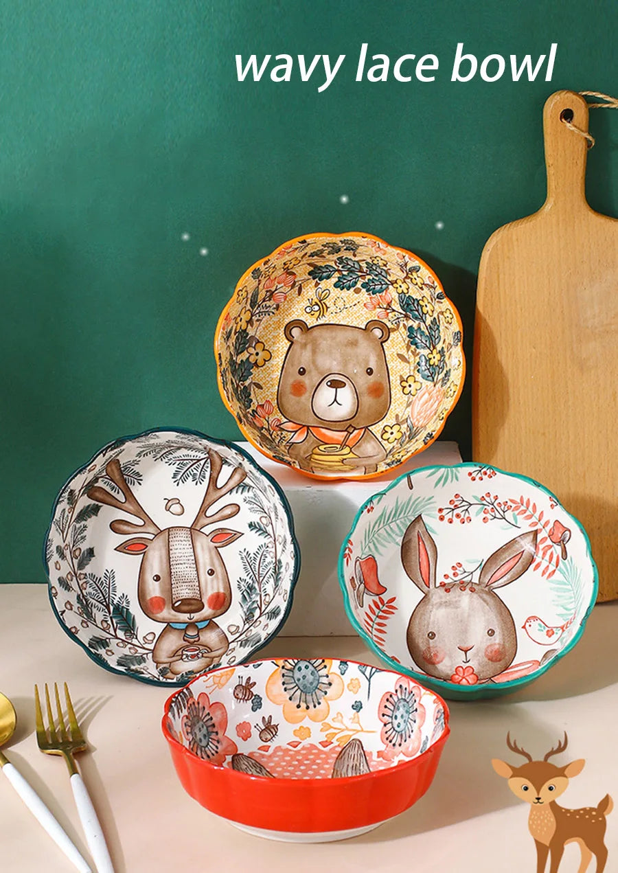 Forest Animals Ceramic Bakeware with Handle - Underglaze Baking Pan & Salad Bowl