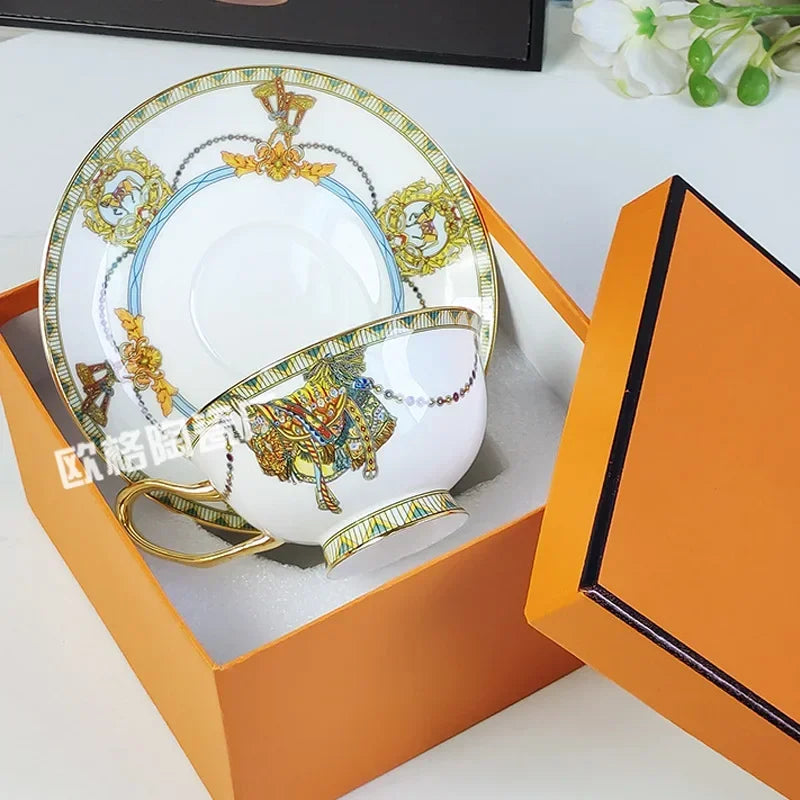 English Bone China Tea Set - Gold Trim Coffee Cups, Saucers & Cake Plates, Classic Afternoon Tea
