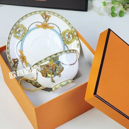 English Bone China Tea Set - Gold Trim Coffee Cups, Saucers & Cake Plates, Classic Afternoon Tea