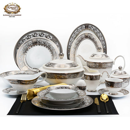 Bone China Platinum Dinner Set - Gold Rim Porcelain Soup Plates & Bowls