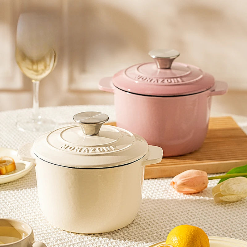Enameled Mini Cast Iron Dutch Oven 1.7L for Cooking Bake Bread Cast Iron Pot Casserole Dish Heavy Milk Pot Pink Kitchen Stew Pot