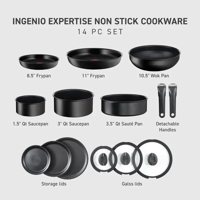 T-fal Ingenio Expertise Non Stick Cookware Set 14 Piece, Induction Oven Broiler Safe 500F, Pots, Pans, Fry Pans, Saucepans,Black