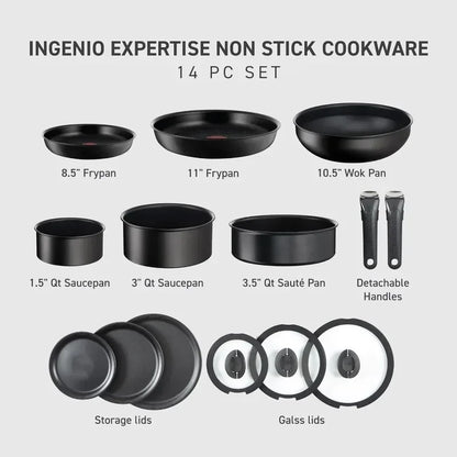 T-fal Ingenio Expertise Non Stick Cookware Set 14 Piece, Induction Oven Broiler Safe 500F, Pots, Pans, Fry Pans, Saucepans,Black