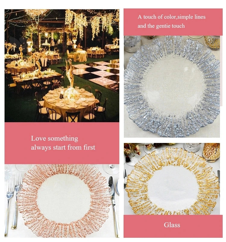 Flower Shaped Gold Silver Decal Rim, Transparent Glass Charger Plate, Wedding Party Decoration, Tableware Tray, Show Plate