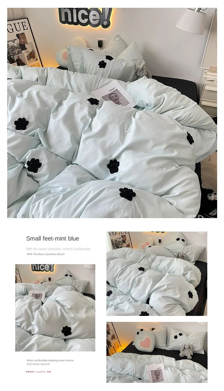 Bedding Set 2024 New Ins Style  Minimalist Blue Washing Cotton black bow towel Embroidered Four PIECE Set, 1.5 Bed Sheets