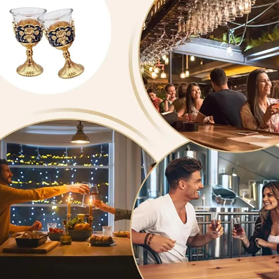 Vintage Wine Goblet Set of 2 - Palace Style Metal Embossed Toasting Glasses