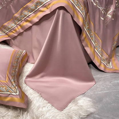 European Style Gold Edge Embroidered Bedding Set Luxury White Satin Cotton Duvet Cover Bed Sheets Pillowcases King Queen Size