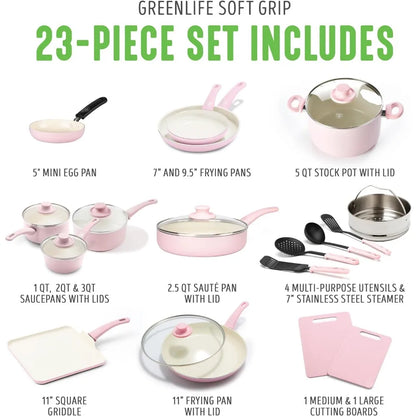 23-Piece Ceramic Nonstick Cookware Set - Soft Grip Healthy Kitchen Pots & Pans