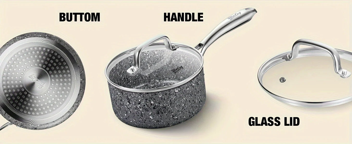 HLAFRG Nonstick Sauce Pan Set - 2Qt & 3Qt Natural Granite Pots with Lids